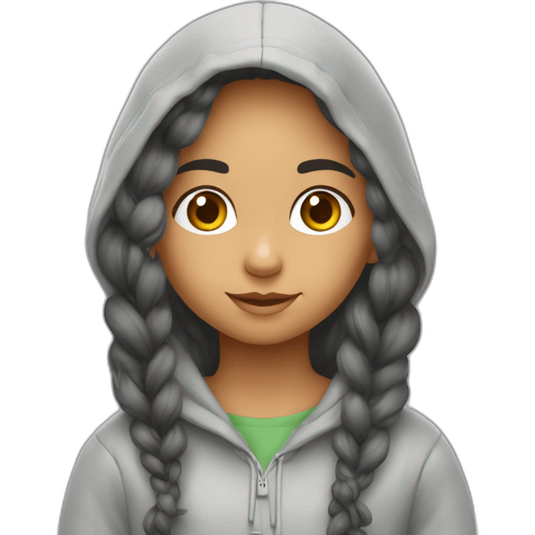 Niña pelo largo castaño con sudadera gris emoji