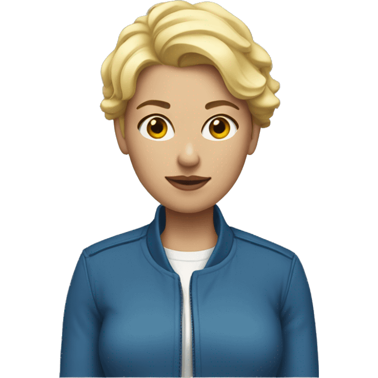 Woman with volumous short blonde hair and blue jacket emoji