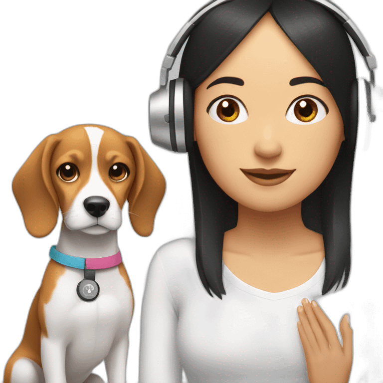 A woman with black long hair, doing yoga next to a beagle with headphones emoji