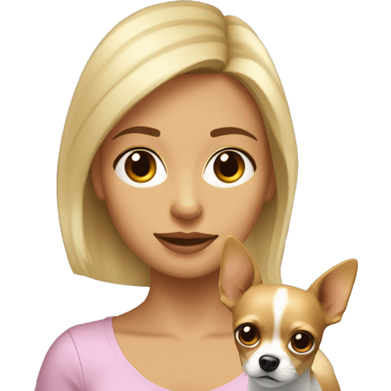 mujer con pelo muy corto rubio y su perro Chihuahua emoji