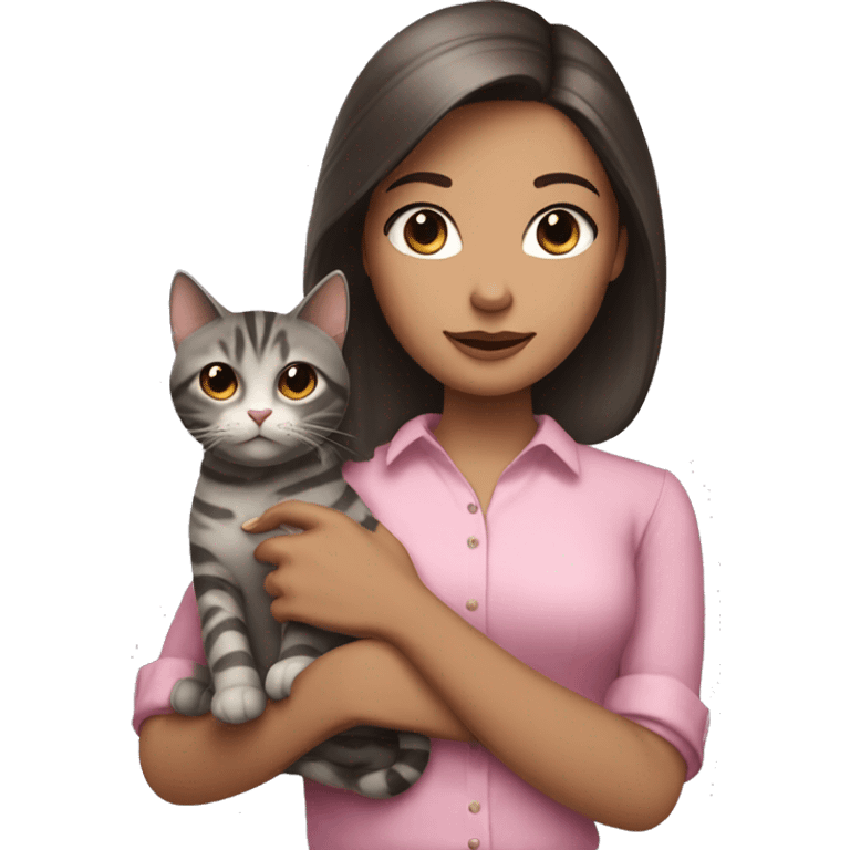 Brunette girl with straight hair in a pink blouse, holding a gray, striped, brown-eyed cat with a bow in her arms emoji