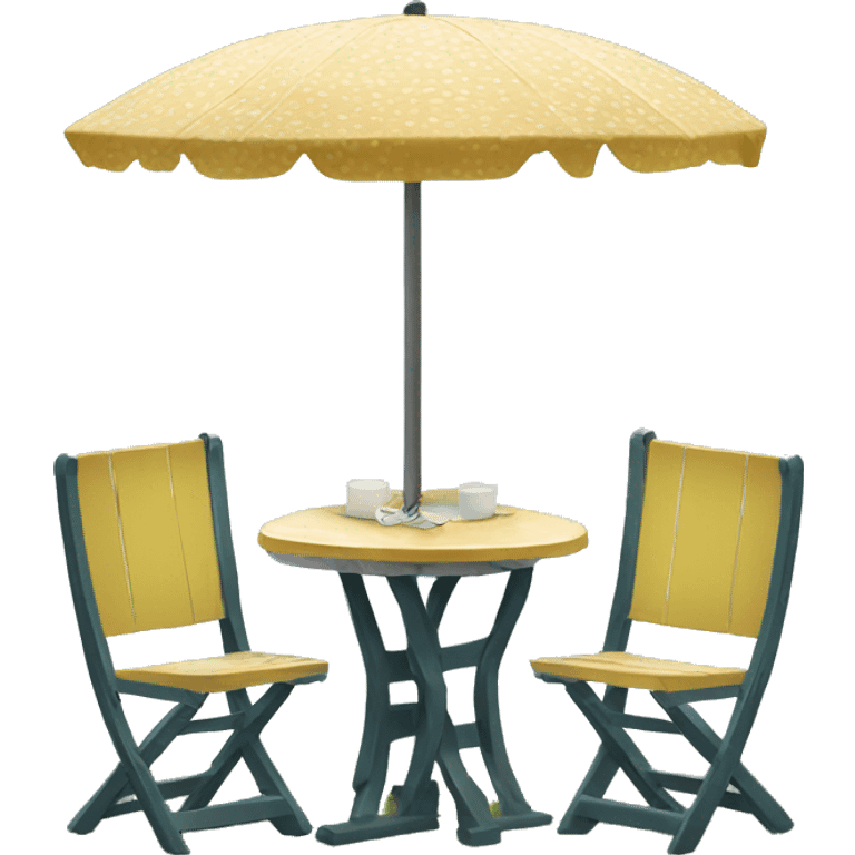 Small table between 2 plastic lawn chairs  emoji