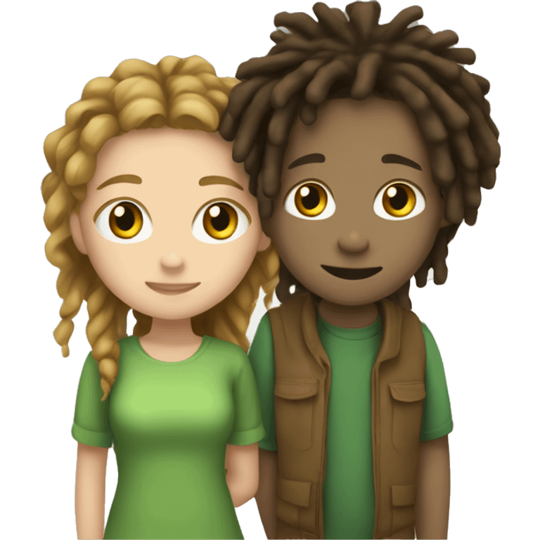 Light skin Green guy boy with dreads and short white girl with brown hair and long brown eyes hugging emoji