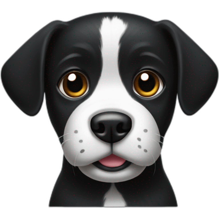 A small black dog with a White spot on stomach with sock in mouth emoji