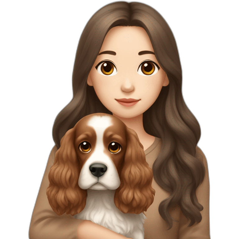 korean girl in long brown hair sits with tan cocker spaniel emoji