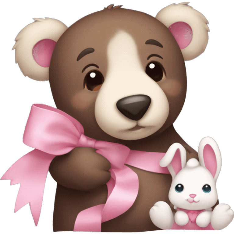 dark brown cute grisley bear cuddling a cute bunny with a pink bow emoji