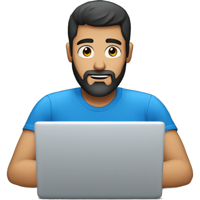 white guy with beard black hair thin face typing in laptop wearing blue t-shirt emoji