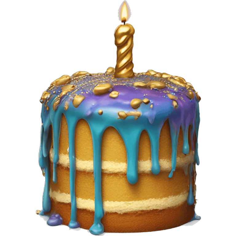 Realistic isolated colorful cake with metallic gold icing dripping from top and all down along the cake emoji