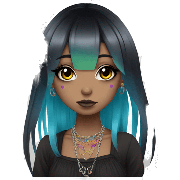 hime gyaru girl, long black hair with rainbow fringe, tattoos, dark makeup, goth grunge clothes emoji