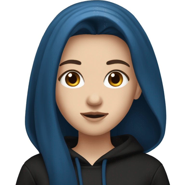 white girl with long straight dark blue hair wearing black hoodie emoji