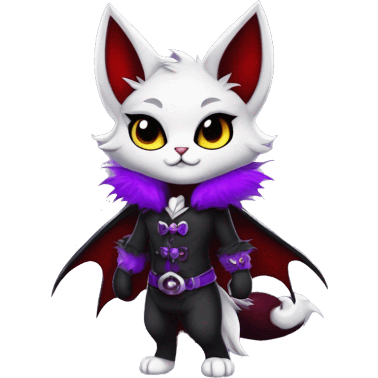 Anthro-Cute-Edgy-Cool-Vampiric-Batty-Cat-Black-Purple-Red-Grey-White-Yellow-Contrast-Colors-Fantasy-Fur-Sona-Chibi-Shiny-Fakémon-Hybrid with horns and fangs and collar full body emoji