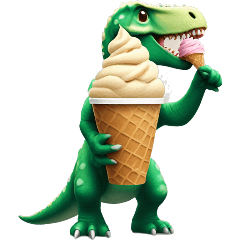 Dinosaur easting ice cream in one hand and holding a Starbucks coffee in the other hand emoji