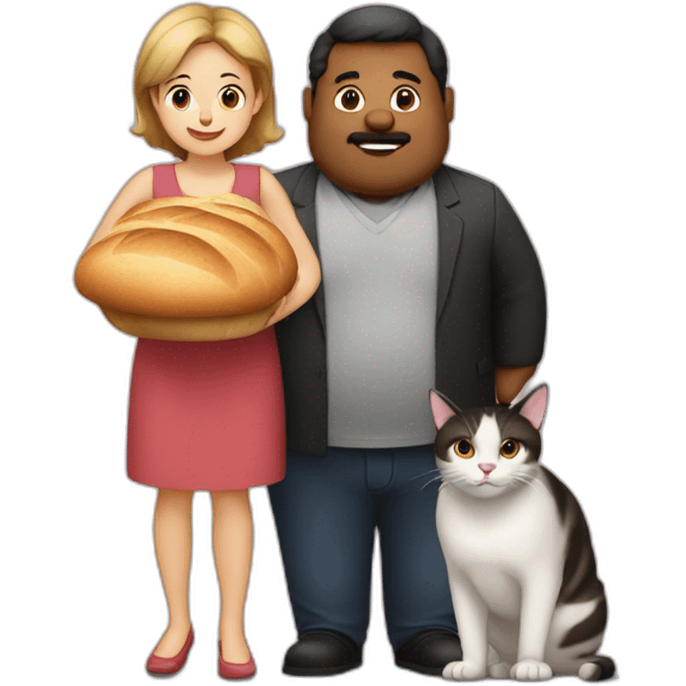 Family photo a fat husband with bread and a woman and them two cats one white and second is black emoji