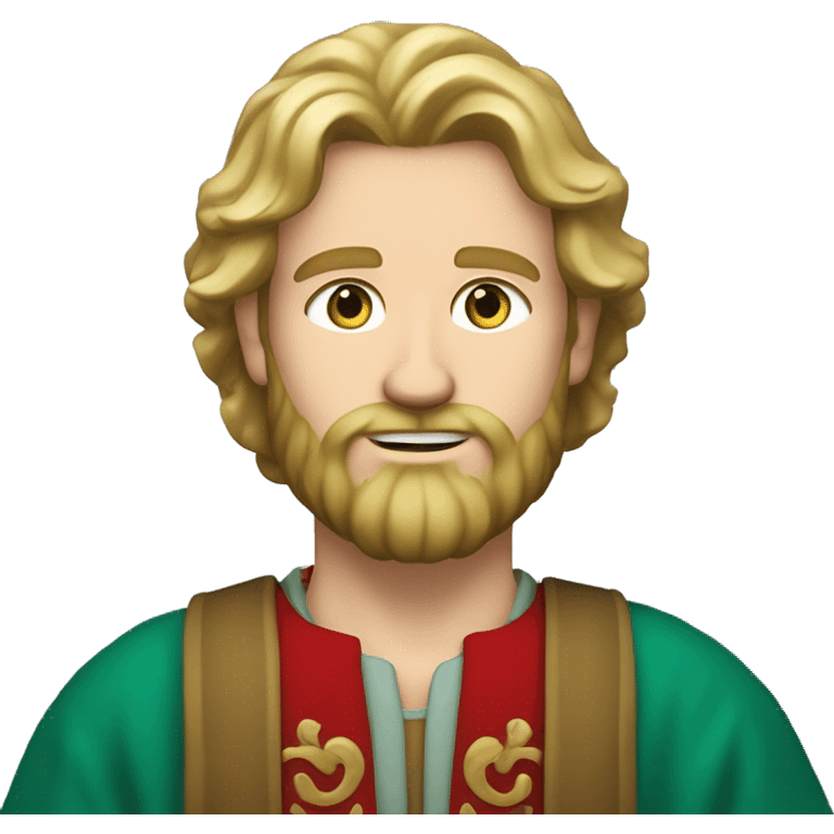 The image shows a man with wavy blonde hair, a full beard, light blue eyes, and a fair complexion. He wears a red garment over a green tunic, giving a historic appearance. emoji