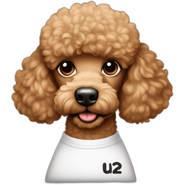 Light brown poodle wearing a t-shirt with the text U2 emoji