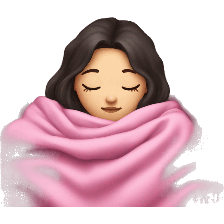 Pale girl with dark hair sleeping under pink blanket  emoji