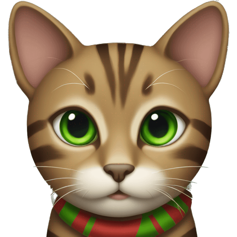 Brown striped cat with green eyes under a Christmas tree emoji