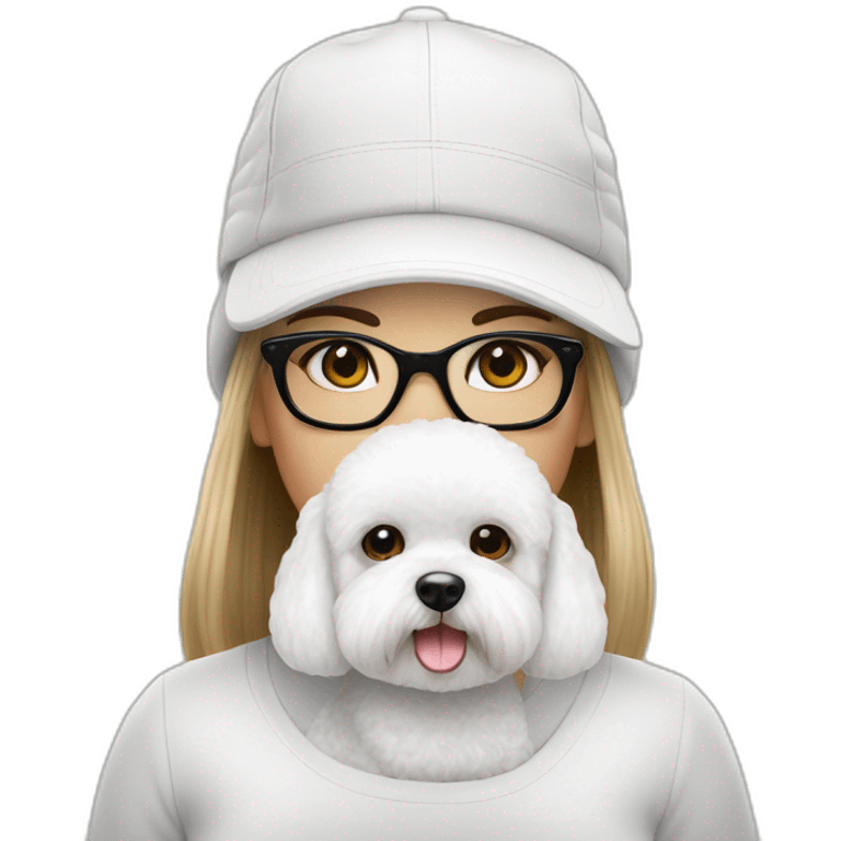 mujer piel blanca pelo largo negro gorro gafas y perro bichon blanco emoji