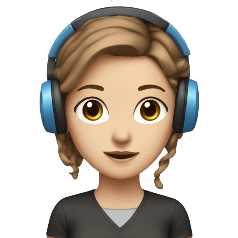 white girl at desk, brown hair, blue eyes, computer, headphones emoji