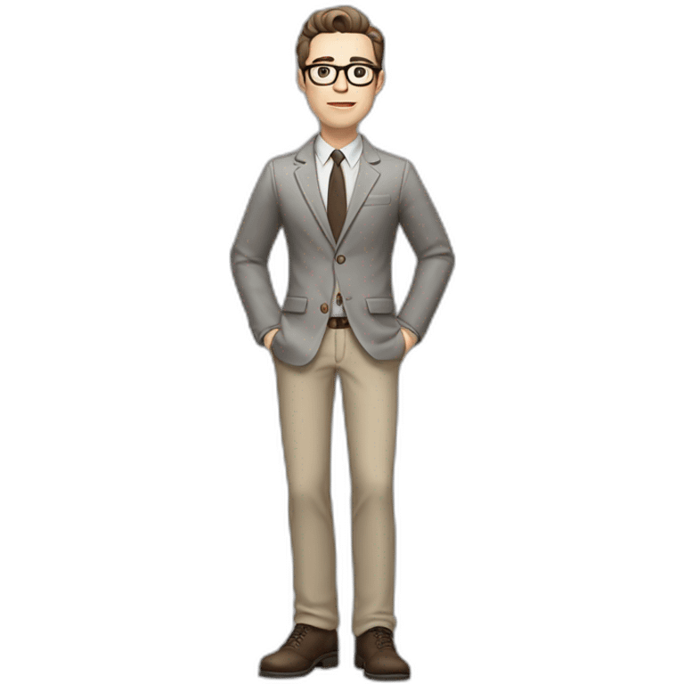 Full height Gesticulating Pale skinned fit man with dark brown hair in gray jacket, beige office shirt, brown tie, brown pants and vintage glasses. emoji