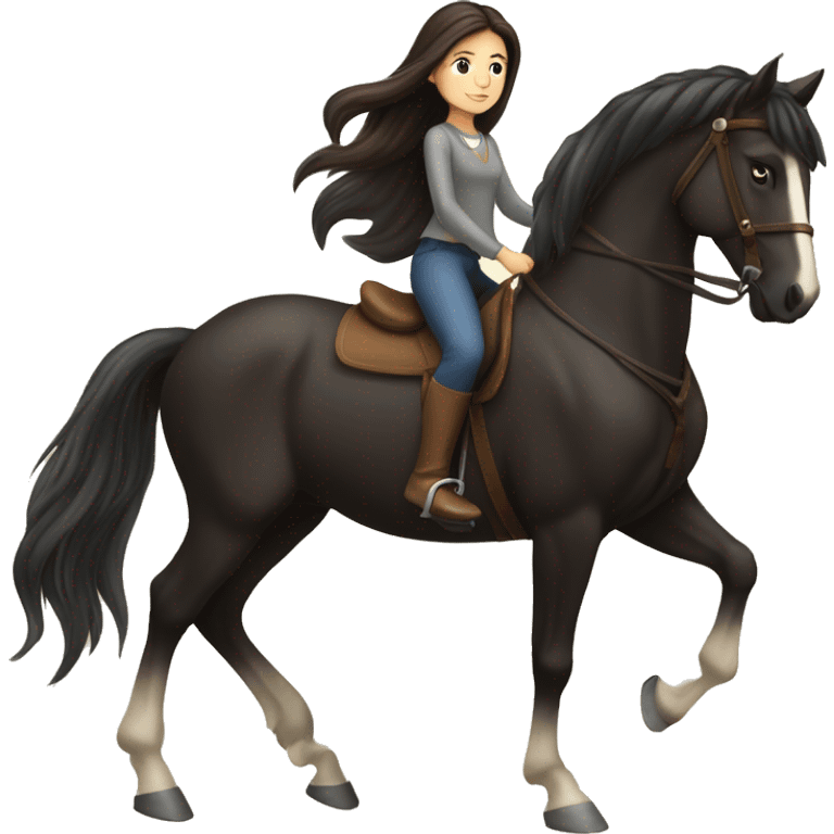 brunette girl with long hair riding a freisian horse emoji