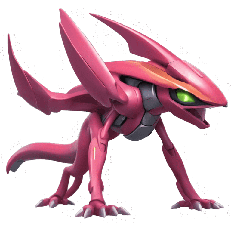 a shiny Genesect-Flygon-Raptor-Fakémon—hybrid with a futuristic visor-helmet full body emoji