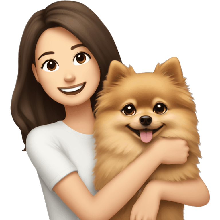 beige Pomeranian in the hands of a white young woman with dark brown hair smiling and cuddling the dog  emoji