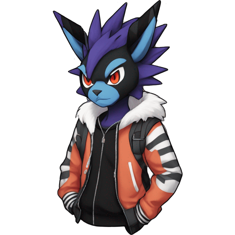 Cool Anthro Black Noivern-Absol-Litten-Pokémon with edgy stripes hoodie spiked collar punk Full Body emoji