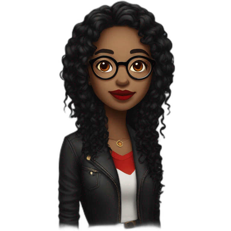 Black woman with small round glasses, dark brown eyes,bright red lipstick, a nose ring and septum ring, long curly black hair emoji