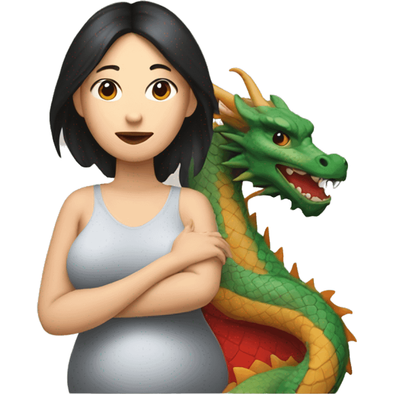 Pregnant woman looks asian with painting of dragon on forehand and shoulder emoji