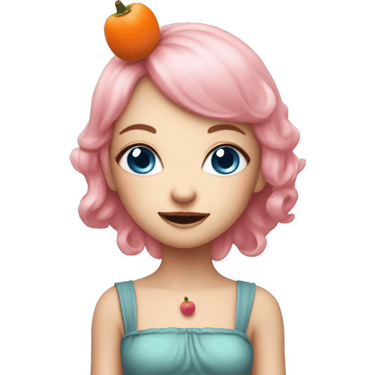 Cute fairy lady with pink hair, blue eyes, pointy ears, eating persimmon emoji