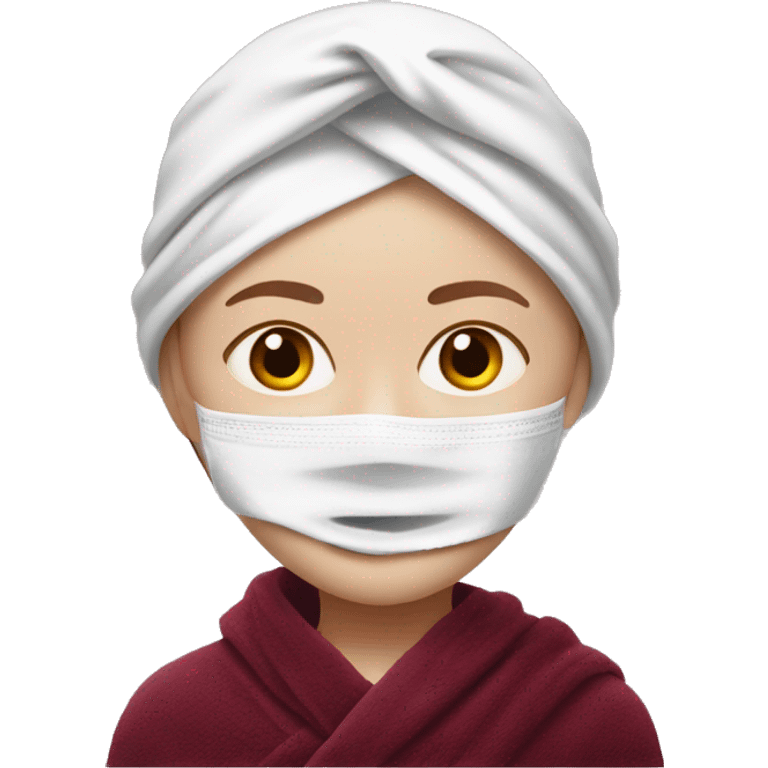 realistic white-skinned girl with a burgundy towel on her head and a white mask on her face emoji