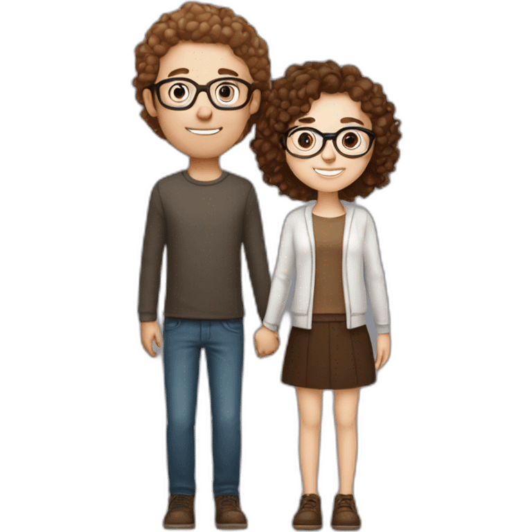 couple holding hands, white girl with round silver glasses and really short brown curly hair, tall white man with brown round glasses and short curly brown hair emoji