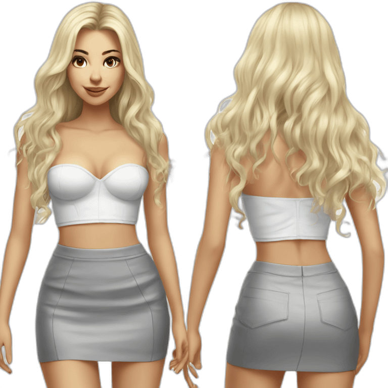 caucasian straight long haired blonde, white bustier, tight grey mini skirt, hyperrealist drawing emoji