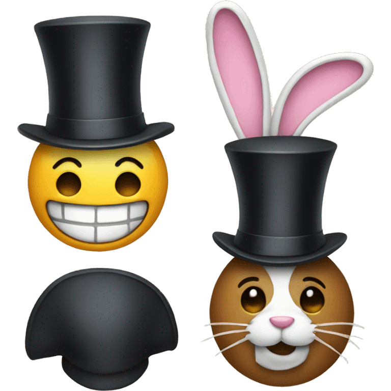 Regular emoji with smile and a top hat with a bunny emoji