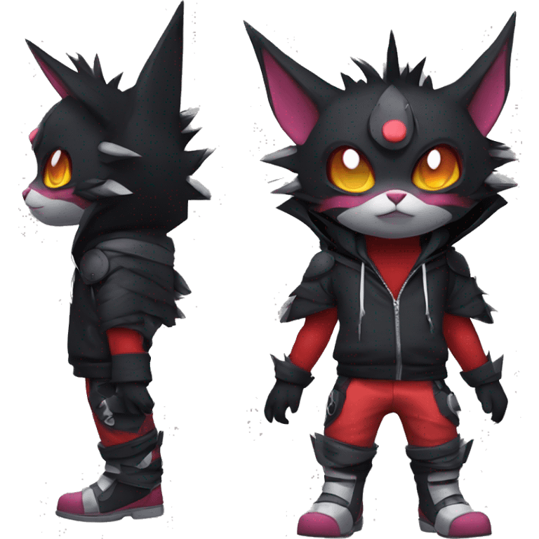 Cool Anthro Black Noibat-Quilava-Litten-Pokémon with edgy stripes hoodie spiked collar punk Full Body emoji