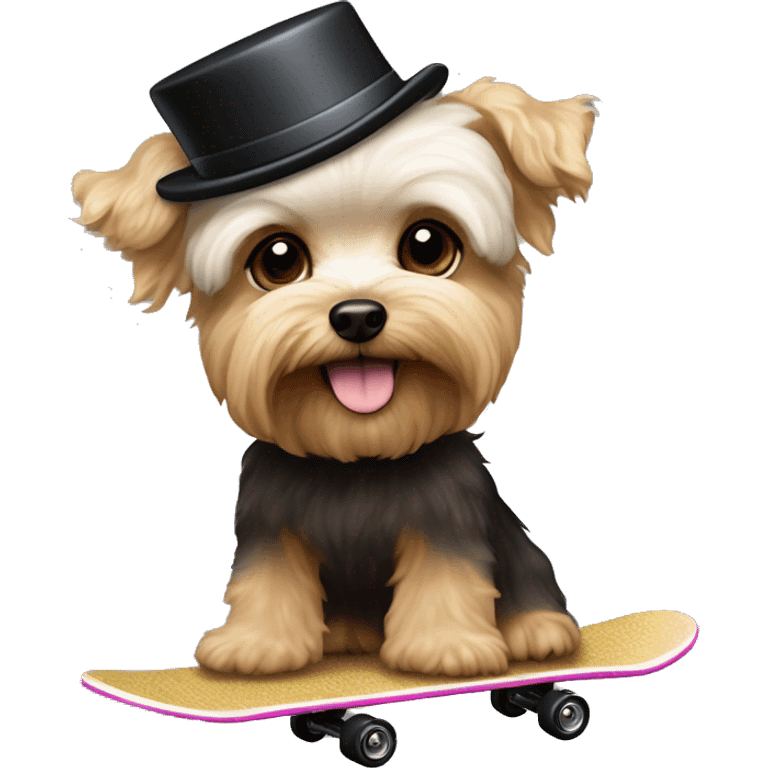 yorkie bichon mix. dog with light tan curly fur, very very long ears down. dark brown eyes, mouth closed. wearing a top hat on a skateboard emoji