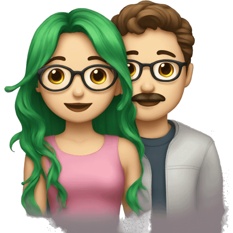 A boy with brown hair and a mustache is kissing a green haired girl wearing glasses emoji