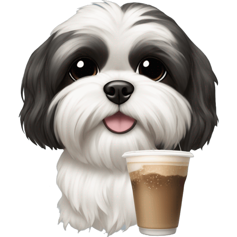 A black and white shih tzu holding an Iced latte  emoji