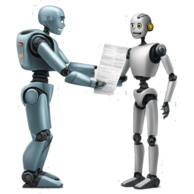 a robot handing a paper to a human emoji