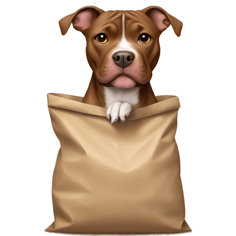 brown pit bull with a beige bow on his neck, sticks his head out of the bag emoji