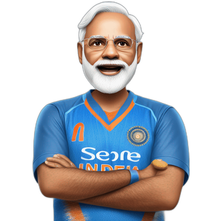 hyper realistic narendra modi in blue indian cricket team jersey with tongue out emoji