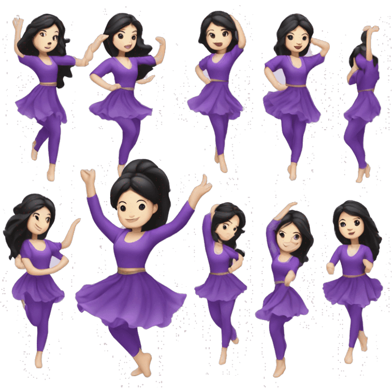  illustrated logo, kawai woman, white woman dancing, long black hair, bright eyes, purple clothing, white skin emoji