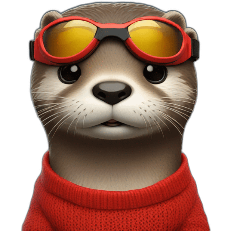 An otter weathering a red jumper with a pair of colour matching goggles looking off into the distance emoji