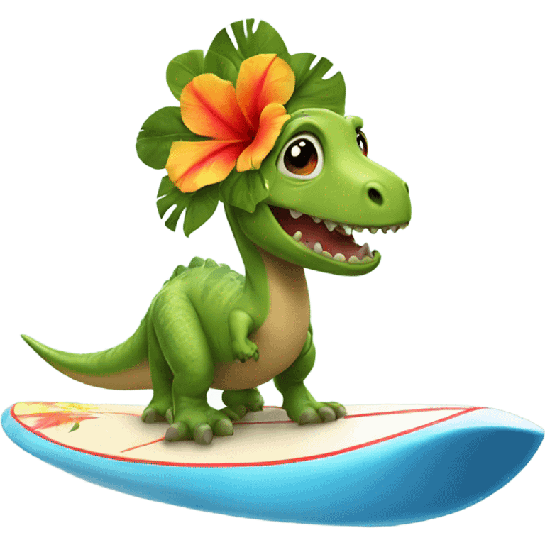 Dinosaur on a surfboard with a Hawaiian flower on its head emoji