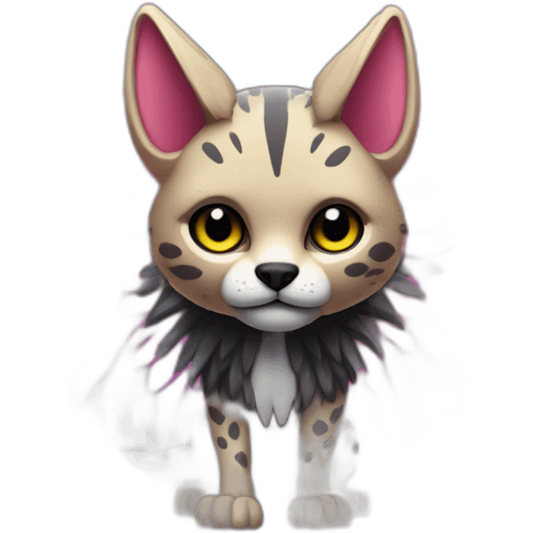 Coyote ocelot standing with grey and black fur and phoenix wings on back and pink ears half skeleton, neon lights emoji