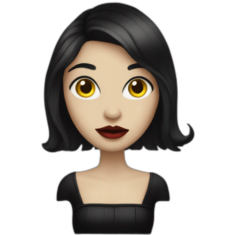  similar to human with red skin, black long hair, yellow eyes (black white of the eye), in black lather dress, black lips emoji