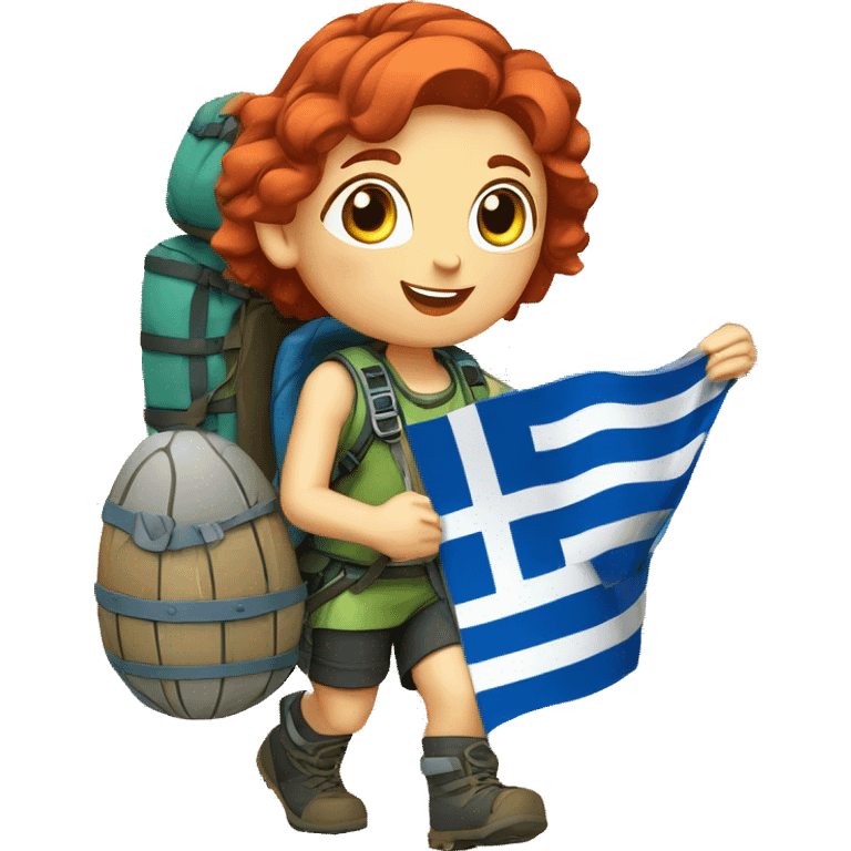 Female mountain climber red hair climbing with Greek flag on backpack and holding Easter eggs basket emoji