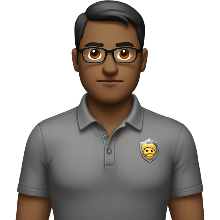 A man with short dark hair, wearing glasses and a gray polo shirt with a badge on it, standing in front of a glass background. He has a serious expression and his arms are crossed. emoji