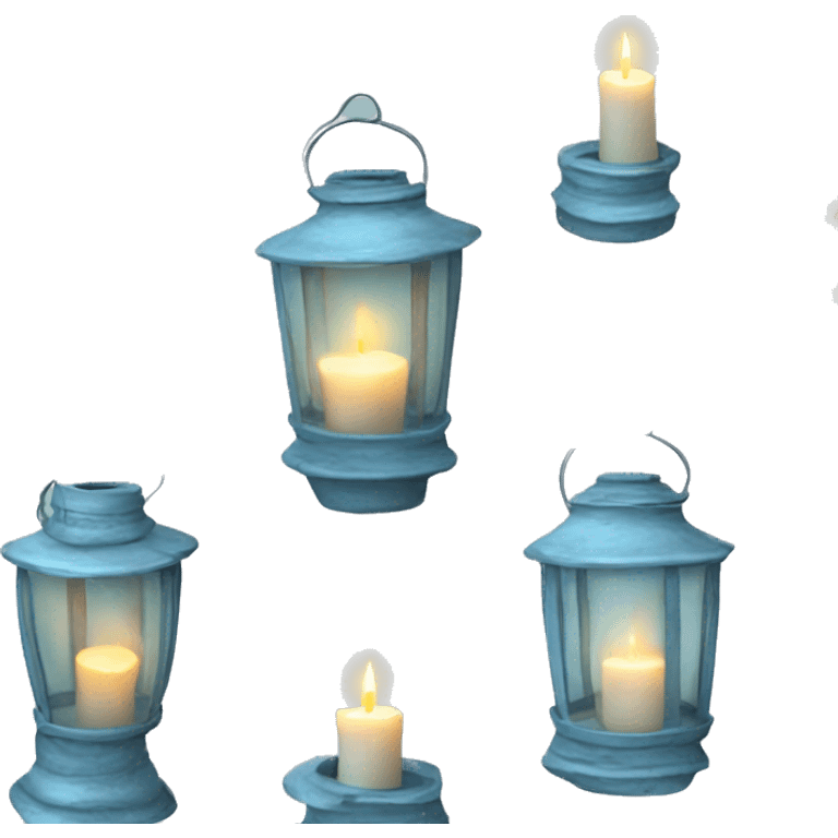 Realistic Single HD light blue rustic lantern with glass and lit candle inside. emoji